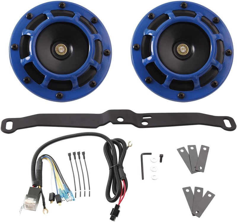 FARBIN بوق سيارة مقاوم للماء صوت عالٍ نغمة عالية/نغمة منخفضة مجموعة بوق مزدوج معدني مع شبكة واقية (بوق أزرق مع حزام وقاعدة) - Image 1