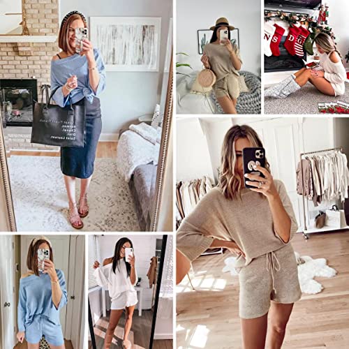 Ermonn Womens 2 Piece Outfits Sweater Sets Off Shoulder Knit Tops Waist Short Suits Casual Pajama Set Romper Jumpsuits Khaki - Image 4