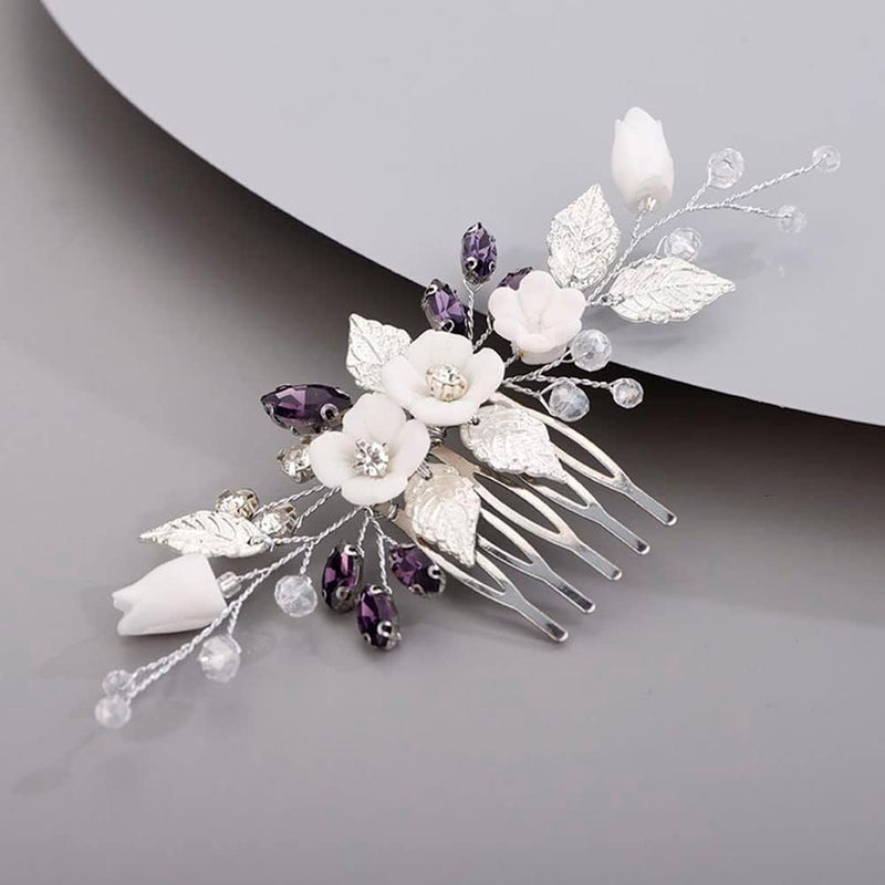Chargances Wedding White Flower Hair Comb Bridal Rhinestone Leaf Crystal Hair Side Comb Purple Handmade Headpiece Hair Accessories for Women and Girls Purple