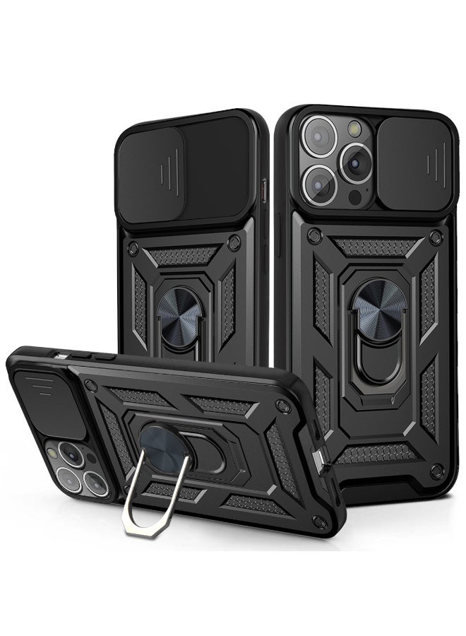 Shunjia Sliding Window Case, Shockproof Rugged Armor with Sliding Camera Cover & 360° Ring Kickstand, Compatible with Apple iPhone 13 Pro Max (Black)