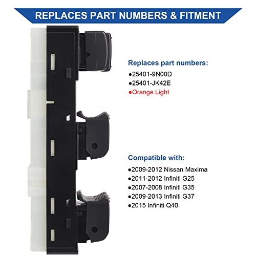 Obaee 25401-9N00D Front Power Window Switch Master Button Control Compatible with 2009-2012 Nissan Maxima, Infiniti 2007-2008 G35/ 2009-2013 G37/ 2011-2012 G25/ 2015 Q40 Orange Backlight 4 AUTO - Image 2