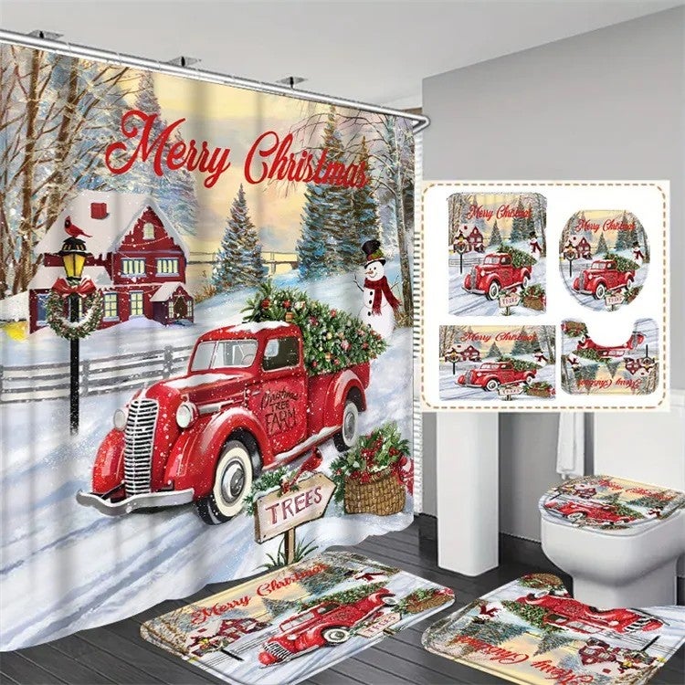 Y&D Christmas Shower Curtain Sets with Quick-Drying Bath Mats Cartoon Design Machine Made for Bathroom - Image 5