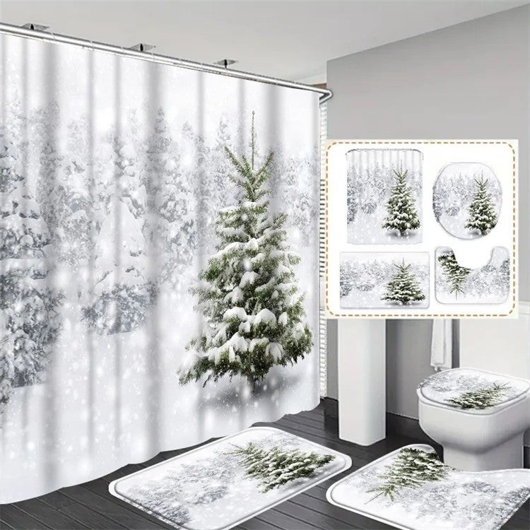 Y&D Christmas Shower Curtain Sets with Quick-Drying Bath Mats Cartoon Design Machine Made for Bathroom - Image 4