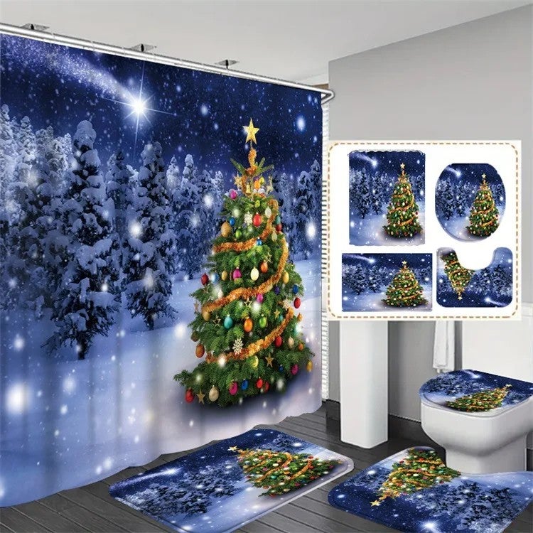 Y&D Christmas Shower Curtain Sets with Quick-Drying Bath Mats Cartoon Design Machine Made for Bathroom - Image 1