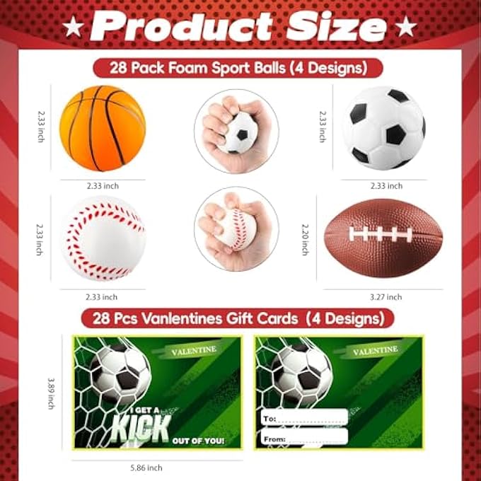 Garma 28 Pack Valentines Day Gift Cards for Kids with Mini Sports Ball Fidget Stress Balls Squeeze Foam Balls for Kids Valentine Classroom Exchange Prizes, Stress Relief Valentine Party Favor Toys - Image 2