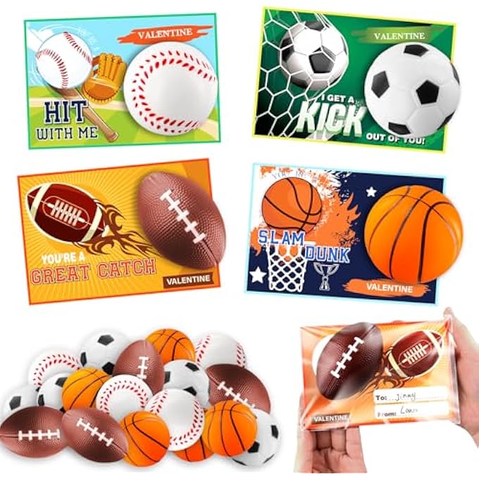 Garma 28 Pack Valentines Day Gift Cards for Kids with Mini Sports Ball Fidget Stress Balls Squeeze Foam Balls for Kids Valentine Classroom Exchange Prizes, Stress Relief Valentine Party Favor Toys - Image 1