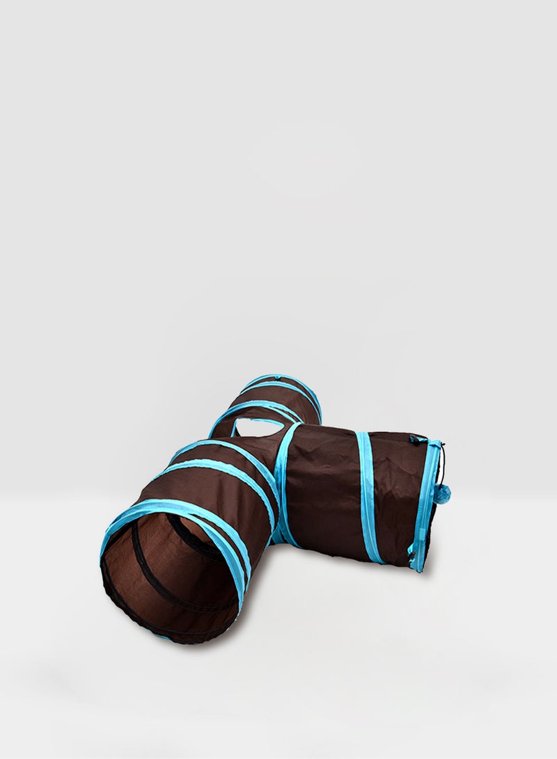 T Shape Folding Nylon 3 Way Tunnel Toy Brown/Blue - Image 1