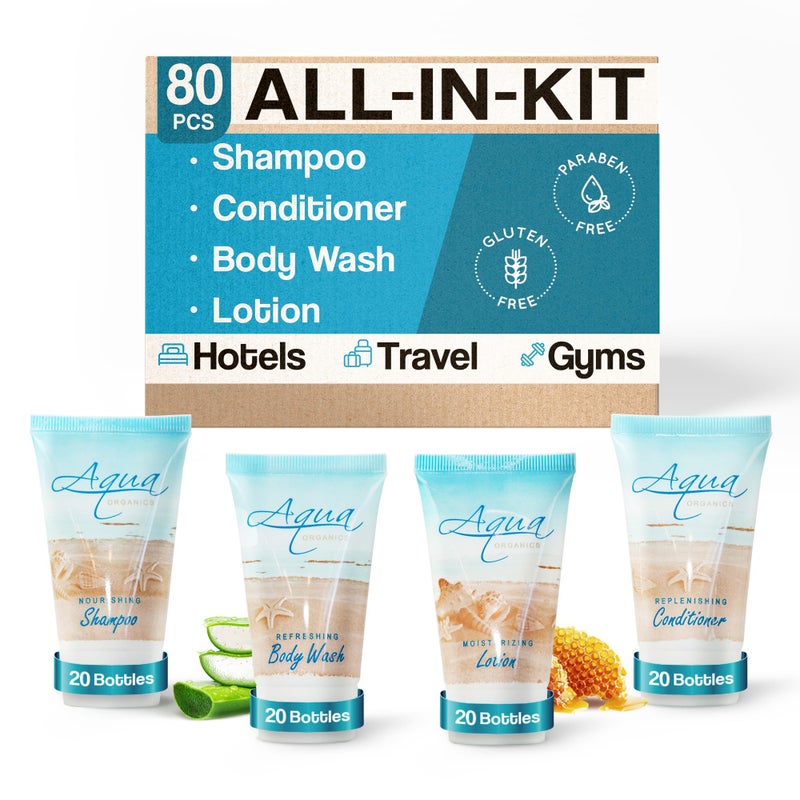 Terra Pure Aqua Organics Hotel Soaps  Toiletries Bulk Set  1Shoppe Amenities Kit  1oz Shampoo  Conditioner Body Wash Lotion  Travel Size  80 Pieces