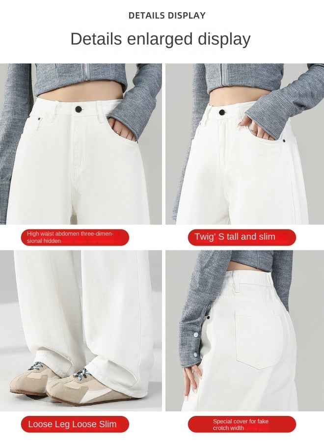 هابي بنطلونات واسعة الساق بيضاء مع جينز مبطن بالفرو للنساء، طراز جديد للخريف والشتاء، عالي الخصر، مخصر، متدلي، بنطلون مستقيم بطول الأرض - Image 2