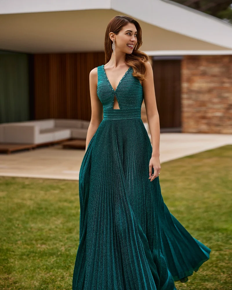 روسا كلارا Marfil Barcelona Chiffon Long Beaded Cocktail Dress
