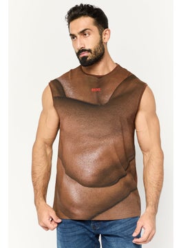 Men Crew Neck Sleeveless Brand Logo Vest, Brown