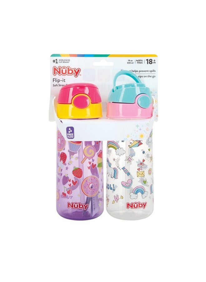 Nuby 2-Pack Kid’s Printed Flip-it Active Water Bottle with Push Button Cap and Soft Straw - 18oz / 540ml, 18+ Months, 2-Pack, Prints May Vary