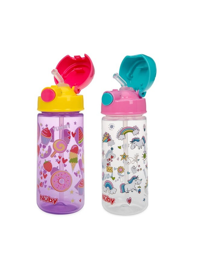 Nuby 2-Pack Kid’s Printed Flip-it Active Water Bottle with Push Button Cap and Soft Straw - 18oz / 540ml, 18+ Months, 2-Pack, Prints May Vary