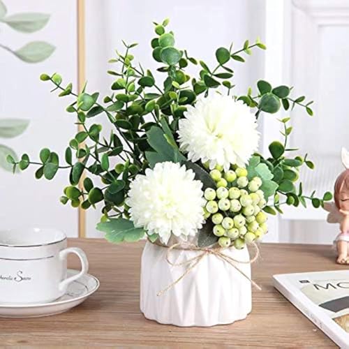 LADADA Artificial Flower Hydrangea and Small CeramicVase Fake Plant Eucalyptus Leaf Berry Flower Arrangement for Home Decoration (White) - Image 1