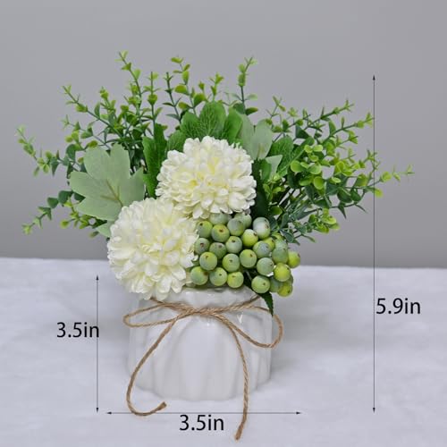 LADADA Artificial Flower Hydrangea and Small CeramicVase Fake Plant Eucalyptus Leaf Berry Flower Arrangement for Home Decoration (White) - Image 3