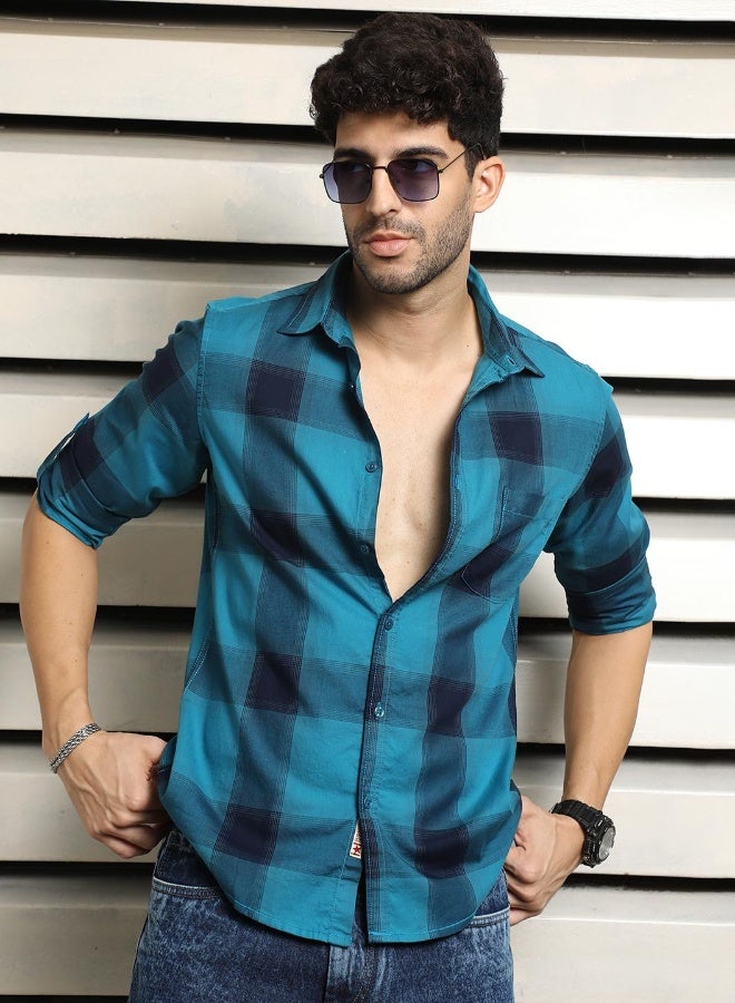HIGH STAR Men's Multicolour 100% Cotton Checkered Button Down Regular Fit Shirt  - Image 5