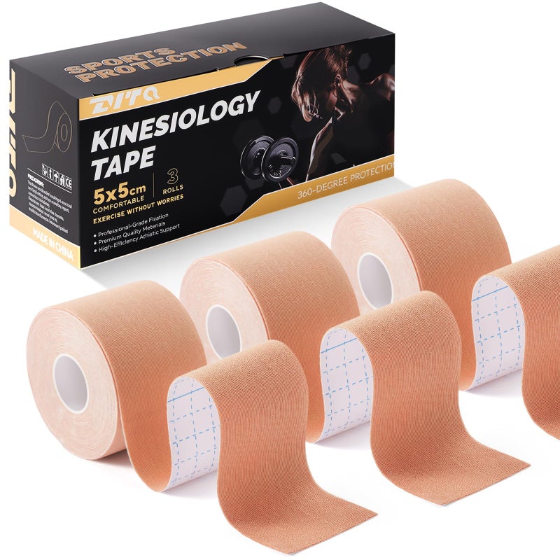 ZVTQ Kinesiology Tape (3 Rolls) - Acrylic Adhesive Muscle Tape - Waterproof, Breathable, Hypoallergenic for Muscle Support & Injury Recovery - Sports Tape, Athletic Tape (Beige) - Image 1