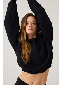Los Ojos Black Wide Waist Drawstring Crop Sweatshirt Cropped Pullover  - Image 1
