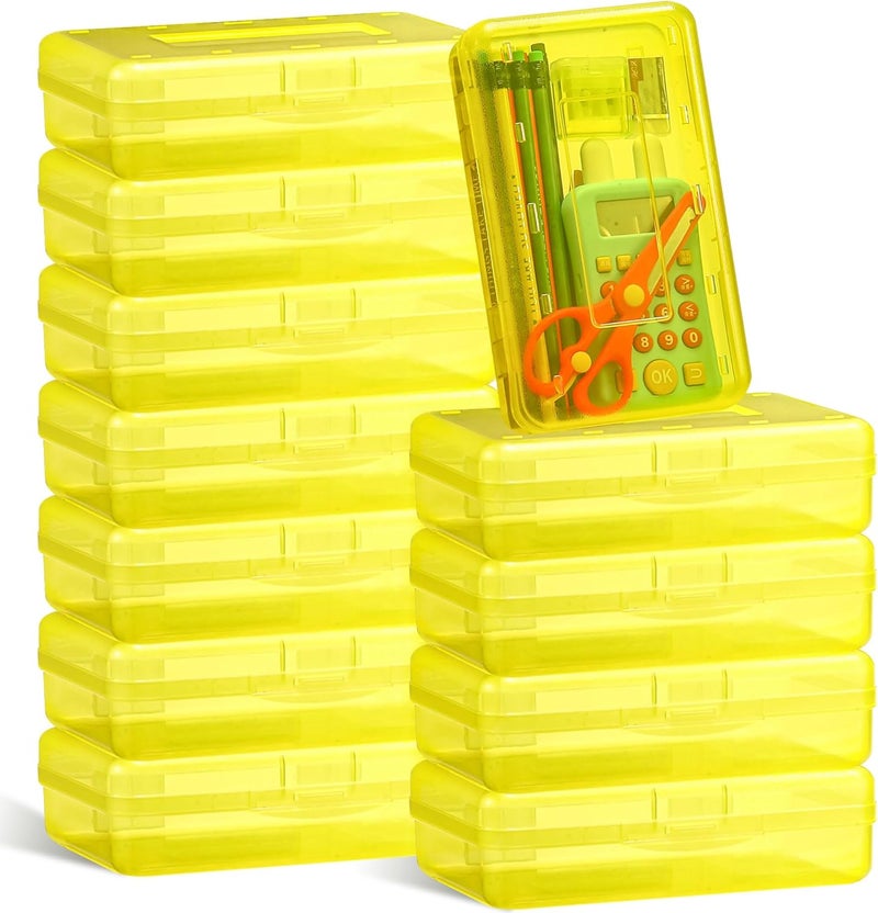 Leelosp 12 Pcs Plastic Pencil Box Clear Pencil Case with Lid Bulk Snap Closure Hard Large Capacity Pencil Box Pen Pencil Holder School Storage Organizer Box for Kid Adult (Yellow) - Image 1