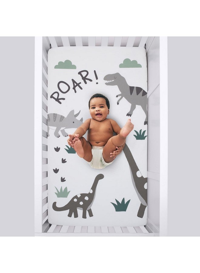 NoJo Baby-Saurus Photo Op Roar White, Gray, & Green Dinosaur with Clouds Nursery Fitted Crib Sheet, Grey, White, Green - Image 3