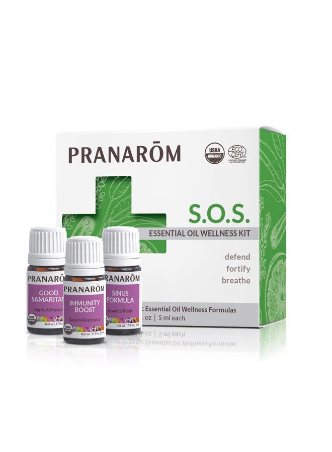 PRANAROM S.O.S. Wellness Essential Oil Kit (3-Pack of 5ml) - Good Samaritan, Immunity Boost, and Sinus Formula - 100% Pure Essential Oil | USDA and ECOCERT Certified Organic - Image 1