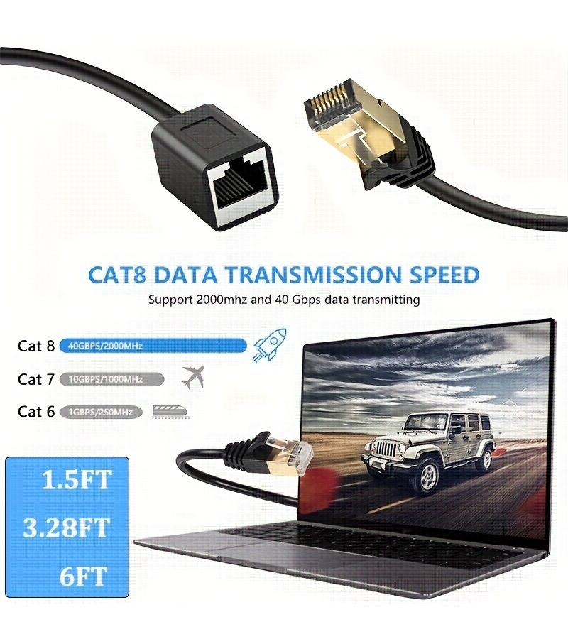 Cat 8 Ethernet Extension Cable 6FT 40Gbps LAN Cable Extender Cat8 FTP Shielded RJ45 Male to Female Patch Internet Cable for Computer PC Laptop Smart TV - Image 1