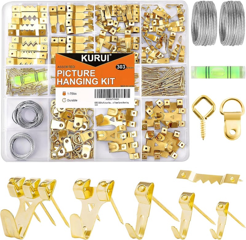 KURUI 303Pcs Picture Hanging Kit, Picture Hangers Assorted Kit with Heavy Duty Picture Hanging Hooks/Hardware Nails/Sawtooth/Wire/D Rings/Level, Metal Picture Wall Hooks for Frame Canvas Mounting - Image 1
