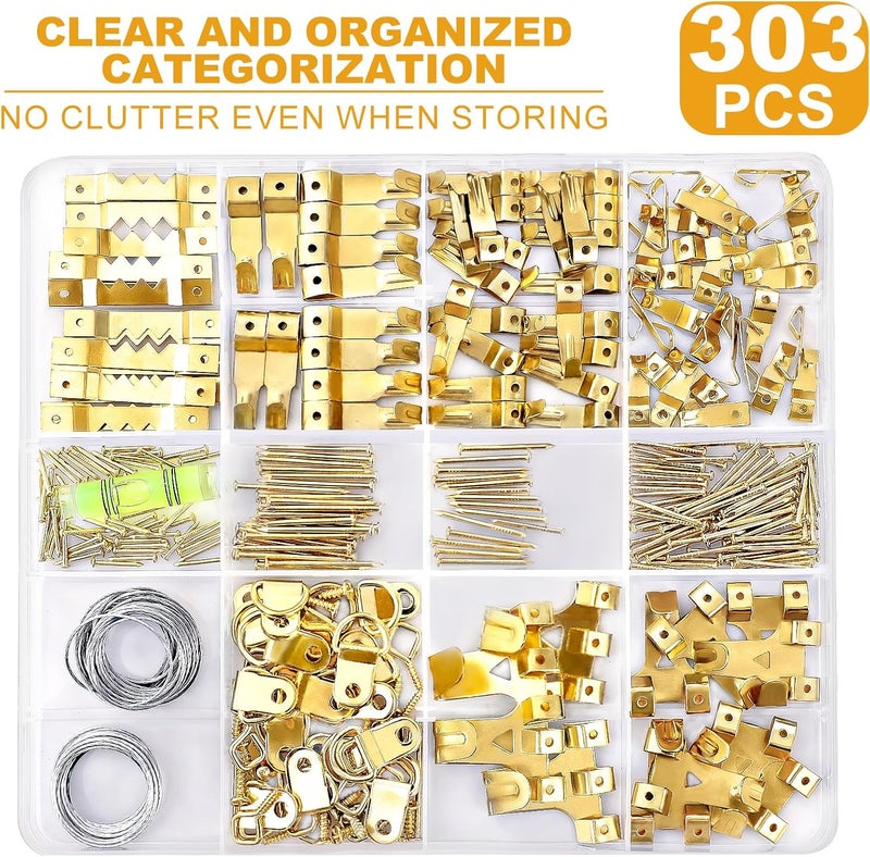 KURUI 303Pcs Picture Hanging Kit, Picture Hangers Assorted Kit with Heavy Duty Picture Hanging Hooks/Hardware Nails/Sawtooth/Wire/D Rings/Level, Metal Picture Wall Hooks for Frame Canvas Mounting - Image 2