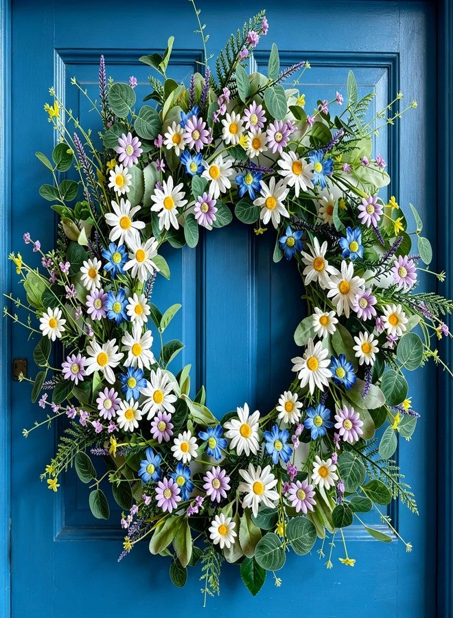 CIR OASES 22 Inches Spring Wreaths for Front Door Blue Spring Door Wreath Summer Floral Wreath with Wildflower Lanvender for Wall Porch Indoors Outdoor Window Home Farmhouse Decorations - Image 4