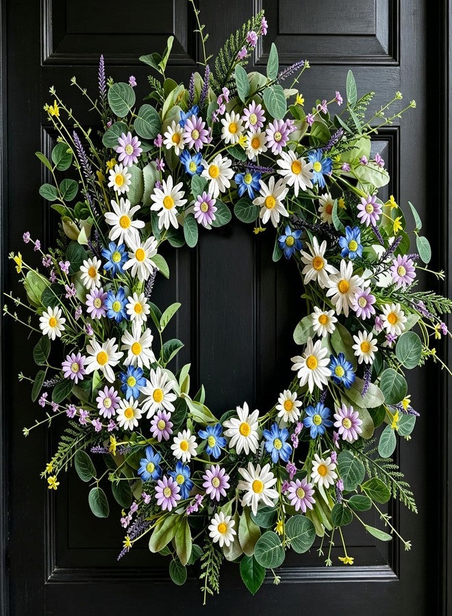 CIR OASES 22 Inches Spring Wreaths for Front Door Blue Spring Door Wreath Summer Floral Wreath with Wildflower Lanvender for Wall Porch Indoors Outdoor Window Home Farmhouse Decorations - Image 1