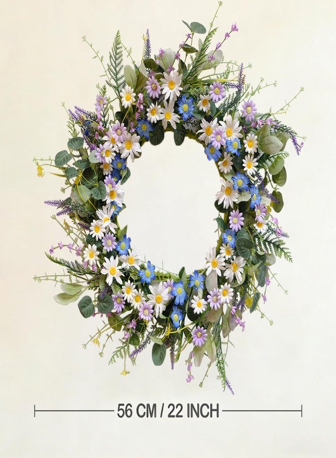 CIR OASES 22 Inches Spring Wreaths for Front Door Blue Spring Door Wreath Summer Floral Wreath with Wildflower Lanvender for Wall Porch Indoors Outdoor Window Home Farmhouse Decorations - Image 3
