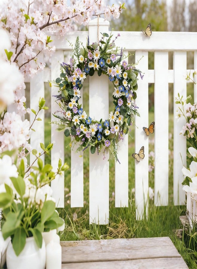 CIR OASES 22 Inches Spring Wreaths for Front Door Blue Spring Door Wreath Summer Floral Wreath with Wildflower Lanvender for Wall Porch Indoors Outdoor Window Home Farmhouse Decorations - Image 5