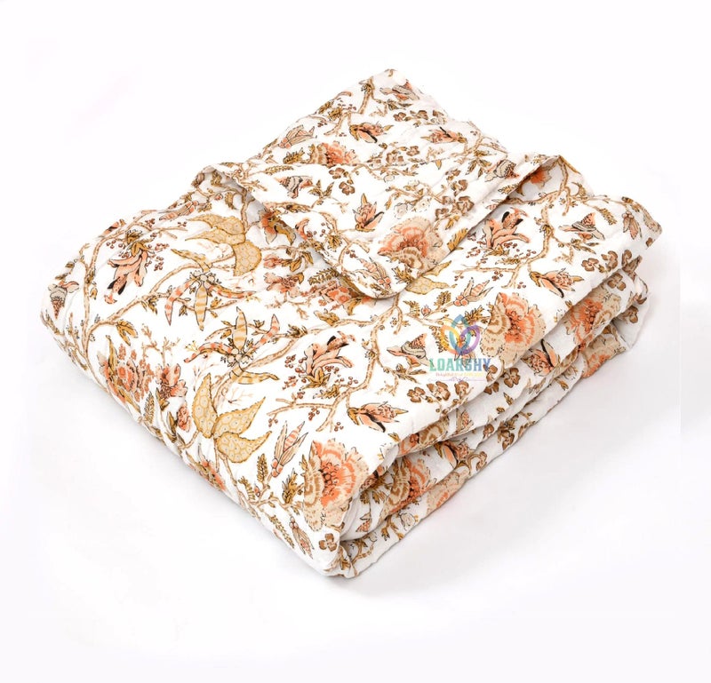 LOARSHY Rajasthani Jaipuri Cotton Single Bed Razai Floral Hand Block Printed AC Rajai Light Weight Soft Malmal Quilt (Orange) - Image 5