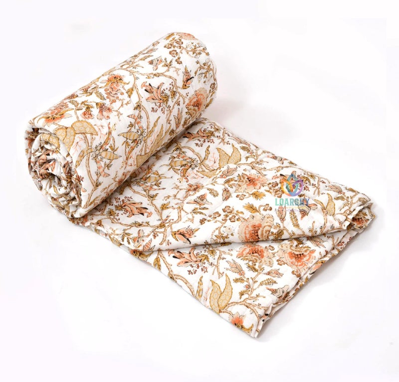 LOARSHY Rajasthani Jaipuri Cotton Single Bed Razai Floral Hand Block Printed AC Rajai Light Weight Soft Malmal Quilt (Orange) - Image 4