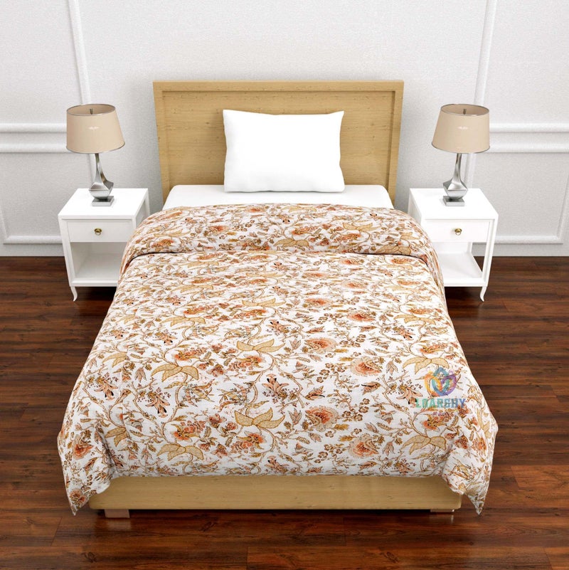 LOARSHY Rajasthani Jaipuri Cotton Single Bed Razai Floral Hand Block Printed AC Rajai Light Weight Soft Malmal Quilt (Orange) - Image 1