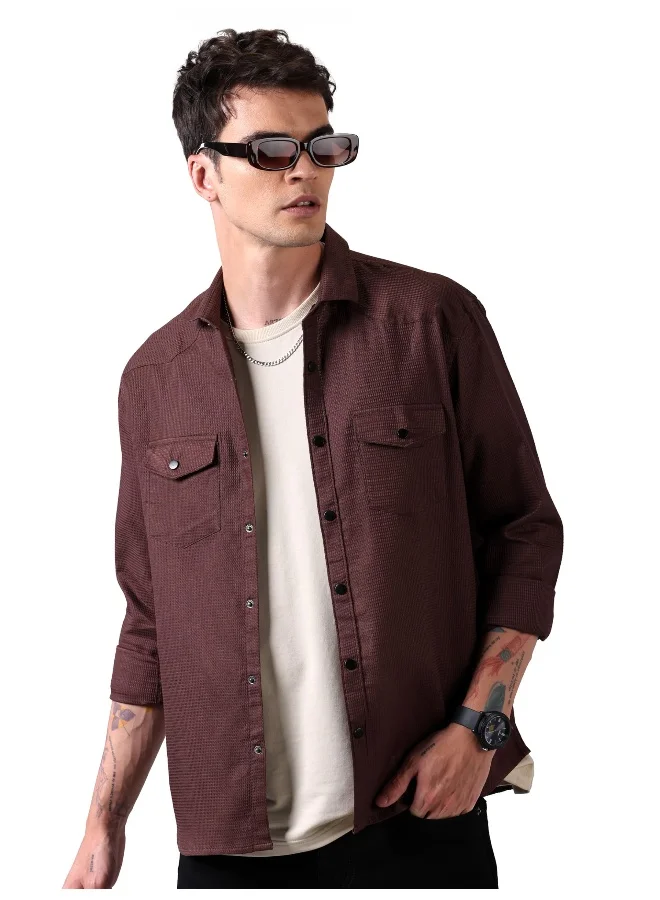 Beyoung Caramel Brown Waffle Cotton Shirt for Men