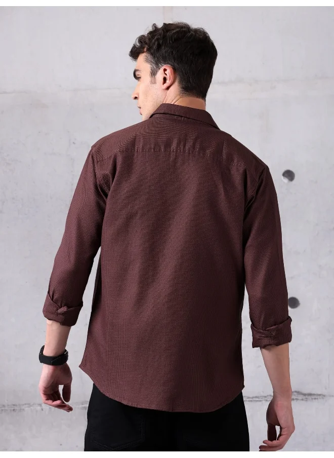 Beyoung Caramel Brown Waffle Cotton Shirt for Men