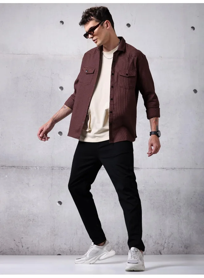 Beyoung Caramel Brown Waffle Cotton Shirt for Men