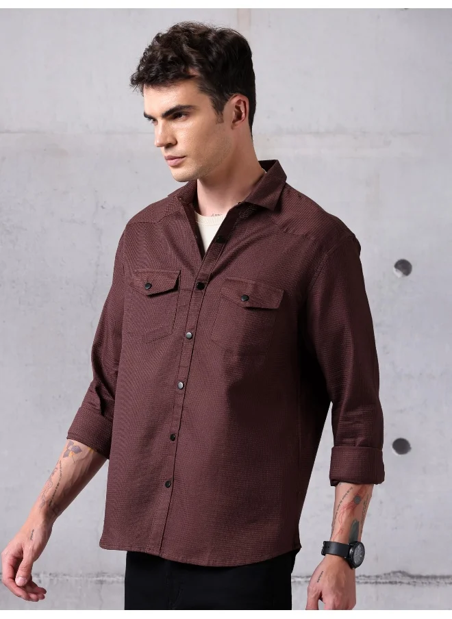 Beyoung Caramel Brown Waffle Cotton Shirt for Men