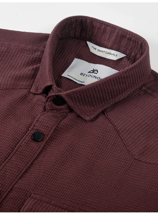 Beyoung Caramel Brown Waffle Cotton Shirt for Men