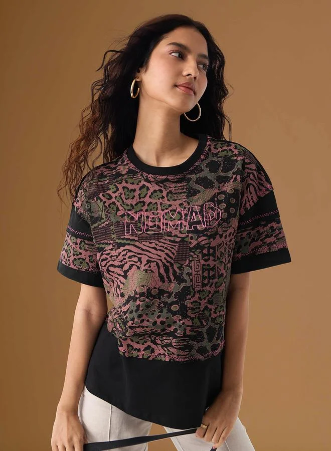 The Souled Store Black Tribal Print Relaxed Fit T-Shirt