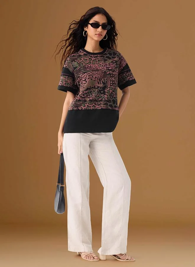 The Souled Store Black Tribal Print Relaxed Fit T-Shirt