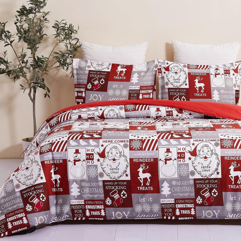 Vaulia Vaulia Soft Microfiber Duvet Cover Set  Snowflake Pattern Christmas Holidays  Reversible Pattern Design White/Red Santa  Queen Size 3-Piece Set (1 Duvet Cover 2 Pillow Shams) - Image 1