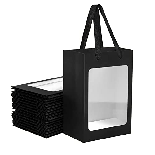 BallHull 12 Pcs Black Kraft Paper Gift Bags with Transparent Window, 9.84"x7.0"x5.12" Kraft Shopping Bags with Handles for Bouquet Christmas Birthdays Festivals Party Weddings Wrapping - Image 1