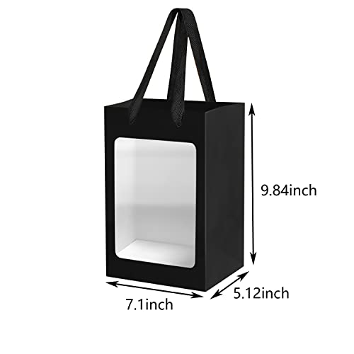 BallHull 12 Pcs Black Kraft Paper Gift Bags with Transparent Window, 9.84"x7.0"x5.12" Kraft Shopping Bags with Handles for Bouquet Christmas Birthdays Festivals Party Weddings Wrapping - Image 2