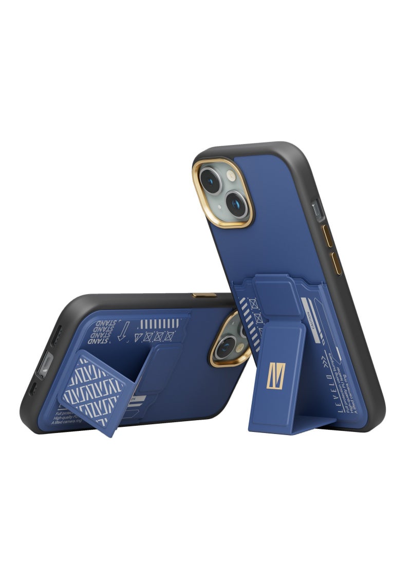 LEVELO iPhone 15 Plus Case Morphix Grip stand Back Cover with Cardholder / Built-in Grip / Multi-Positioning Modes - Blue - Image 4