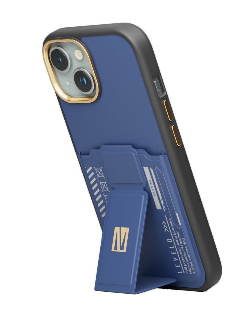 LEVELO iPhone 15 Plus Case Morphix Grip stand Back Cover with Cardholder / Built-in Grip / Multi-Positioning Modes - Blue - Image 1