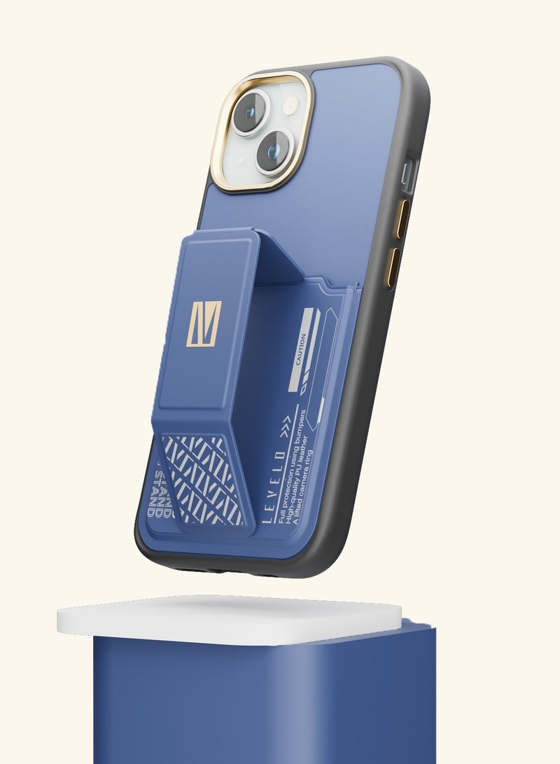 LEVELO iPhone 15 Plus Case Morphix Grip stand Back Cover with Cardholder / Built-in Grip / Multi-Positioning Modes - Blue - Image 2