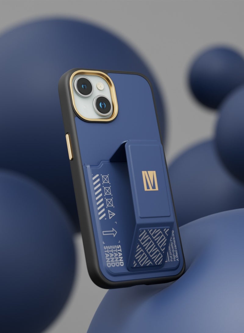 LEVELO iPhone 15 Plus Case Morphix Grip stand Back Cover with Cardholder / Built-in Grip / Multi-Positioning Modes - Blue - Image 3