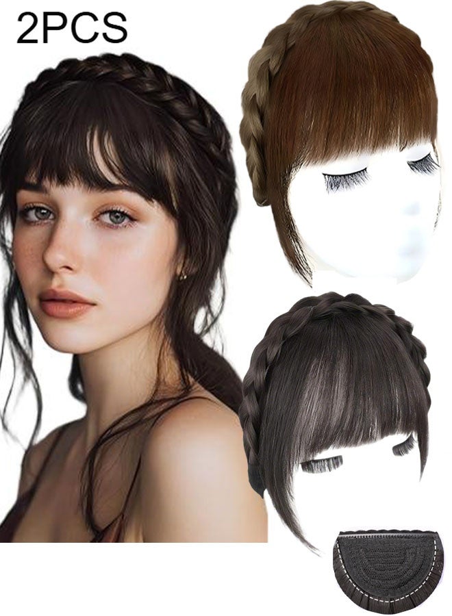 Happy D Braided headband with bangs, handcrafted woven synthetic tassel hairpiece, anti-slip comb hairpiece for sparse tops and receding hairlines, 2 pieces in dark brown and light brown - Image 1